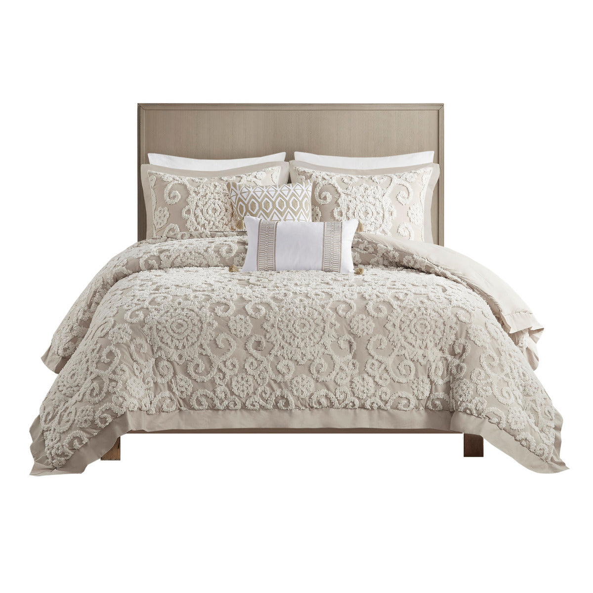 Cotton Comforter Mini Set Taupe King by HouseOfZazla on bed with embossed scroll pattern on Tampa Home & Garden Store