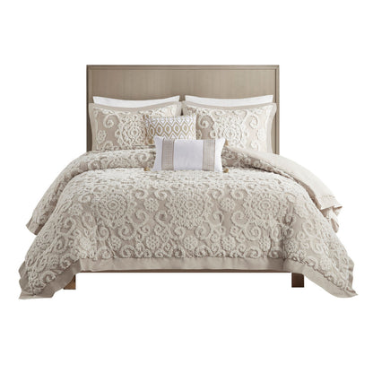 Cotton Comforter Mini Set Taupe King by HouseOfZazla on bed with embossed scroll pattern on Tampa Home & Garden Store