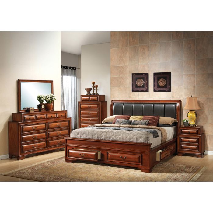 Lavita storage bed with dark leather headboard and cherry wood finish, dresser and nightstands on Tampa Home & Garden Store
