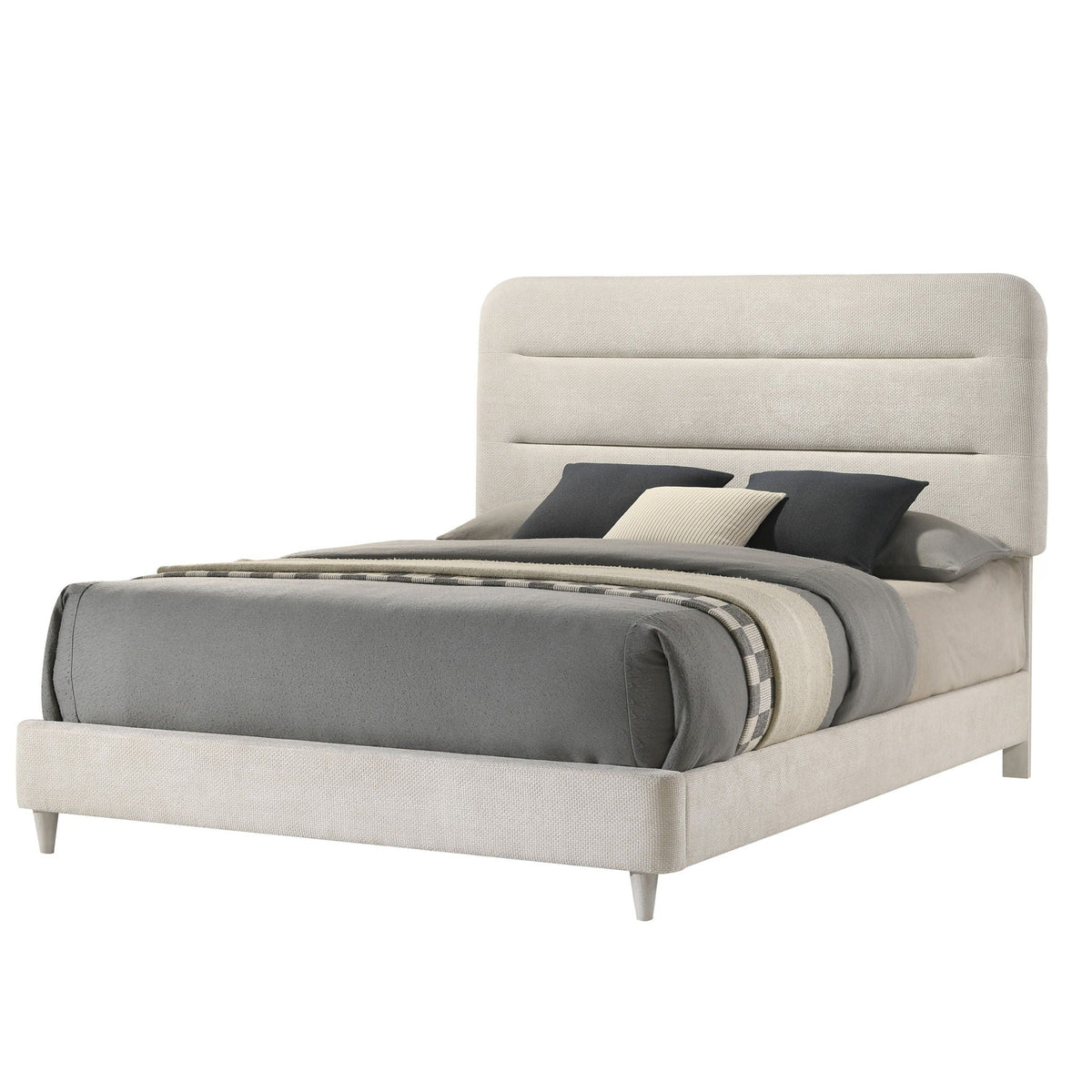 Upholstered Panel Bed Sleek Lines in beige fabric with gray bedding and cushions on Tampa Home & Garden Store