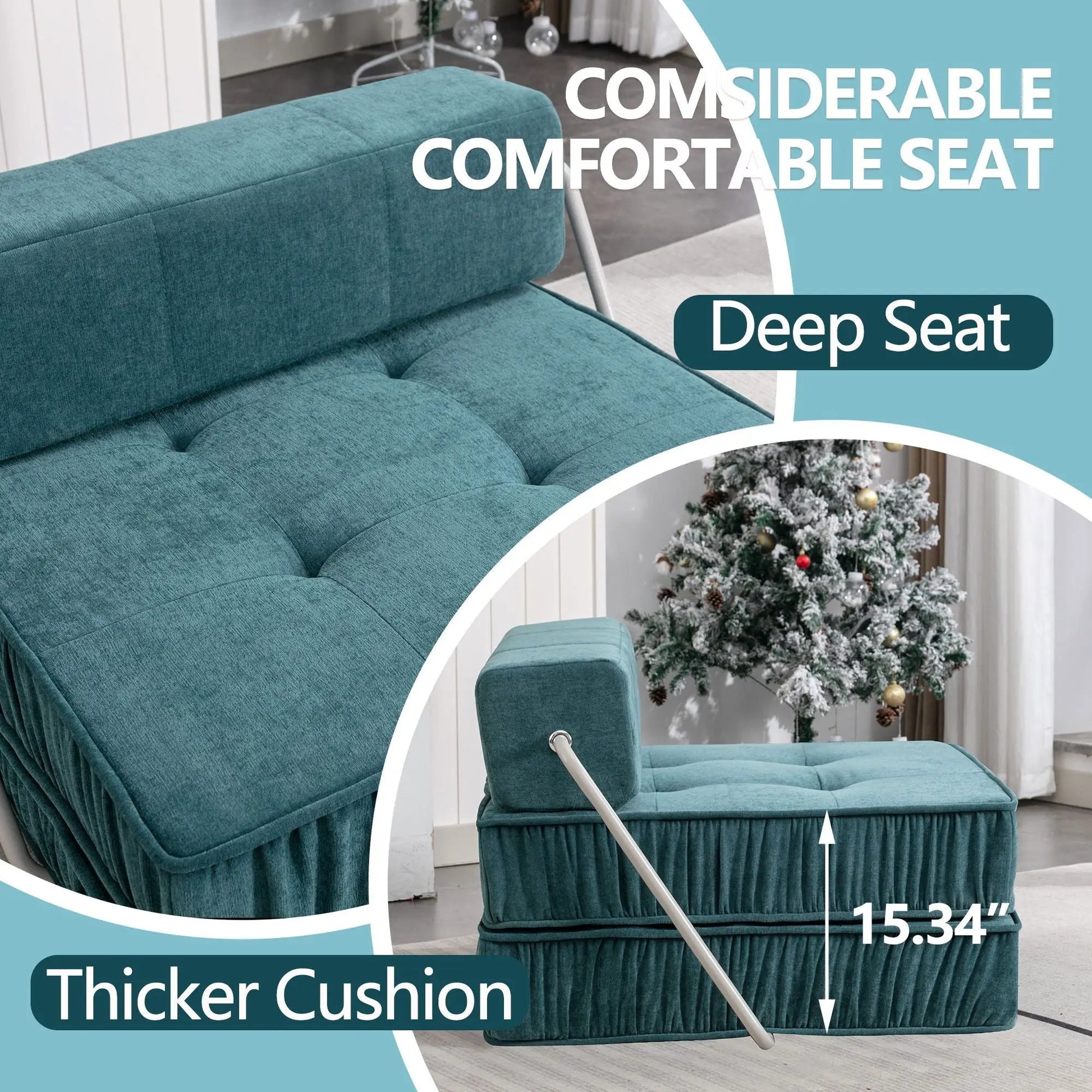 Folding teal futon chair with thick cushions removable back cushion and metal frame on Tampa Home & Garden Store
