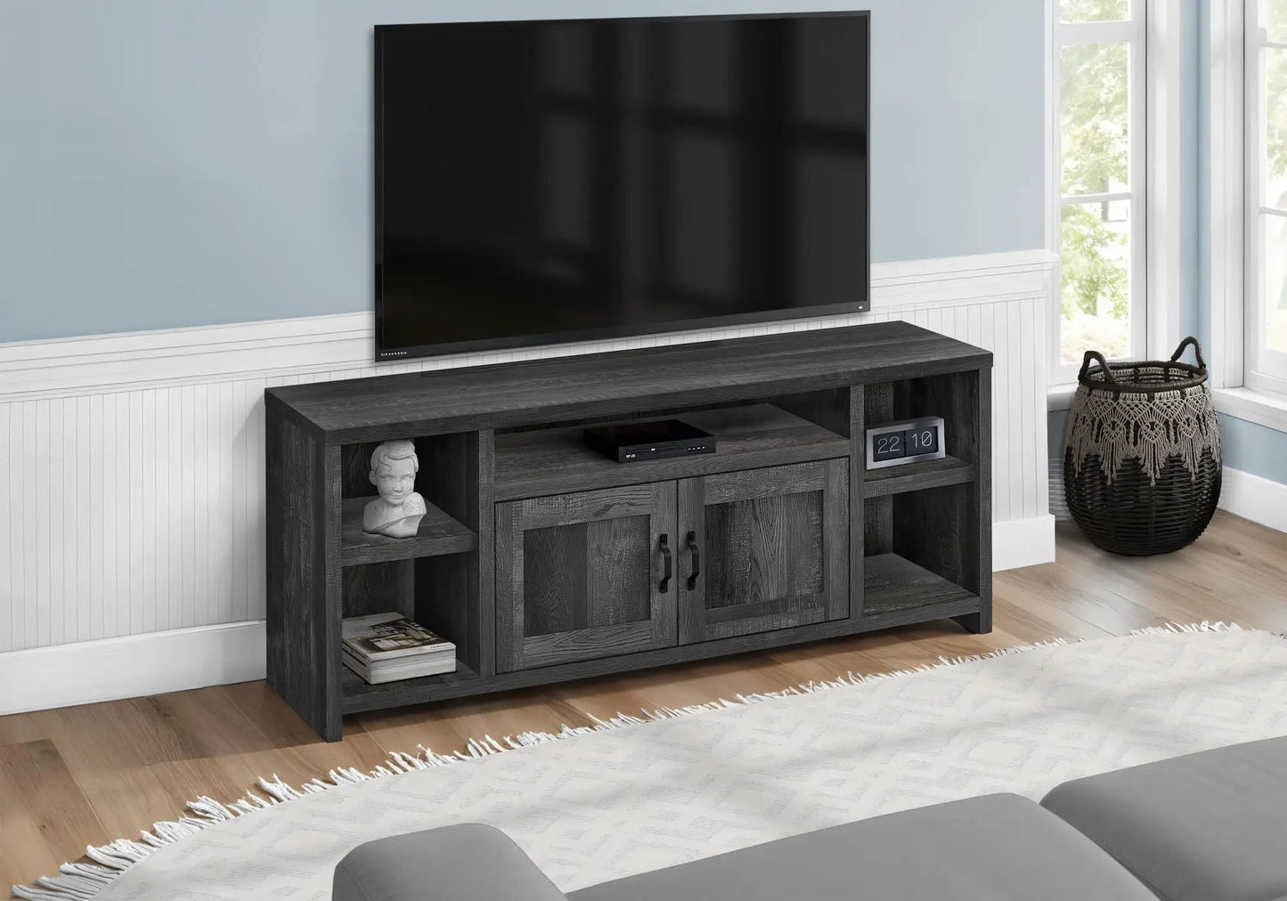 TV Stand Console in dark charcoal wood with open shelves and cabinet storage on Tampa Home & Garden Store