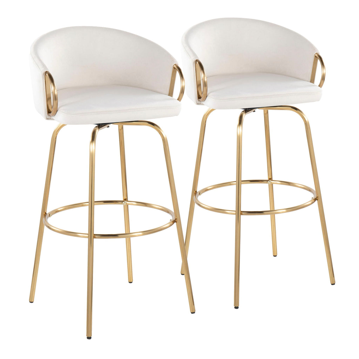 Claire fixed-height bar stool set with white upholstery and round gold frames, 2 stools on Tampa Home & Garden Store