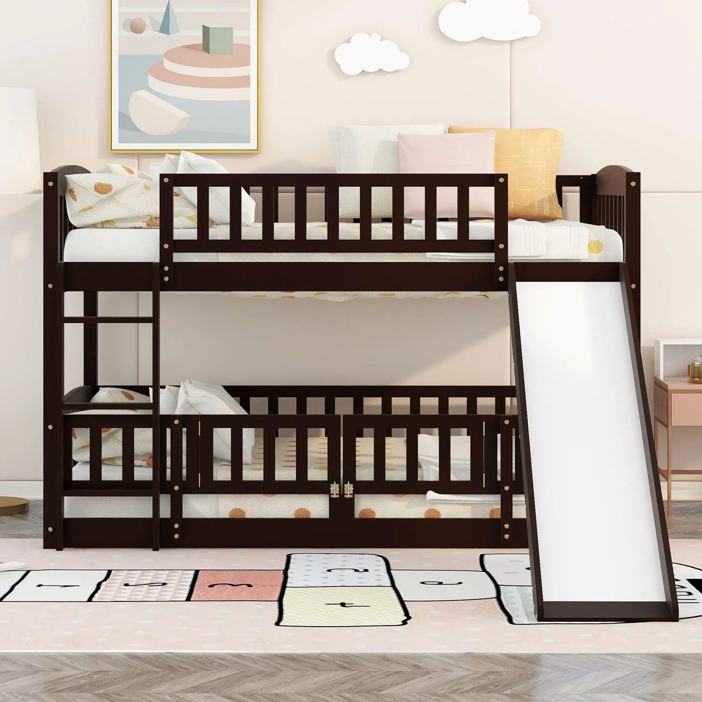 Low Bunk Bed With Slide Fence and Ladder