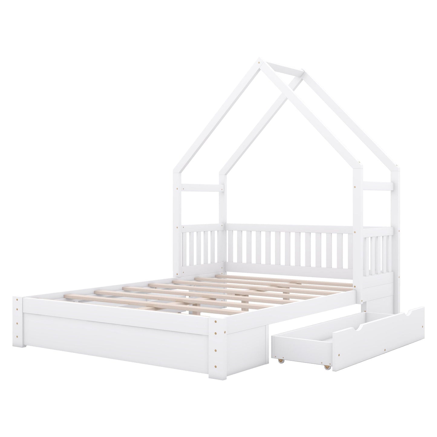 White wood House Style Platform Bed with guardrail and 2 drawers, by HouseOfZazla on Tampa Home & Garden Store
