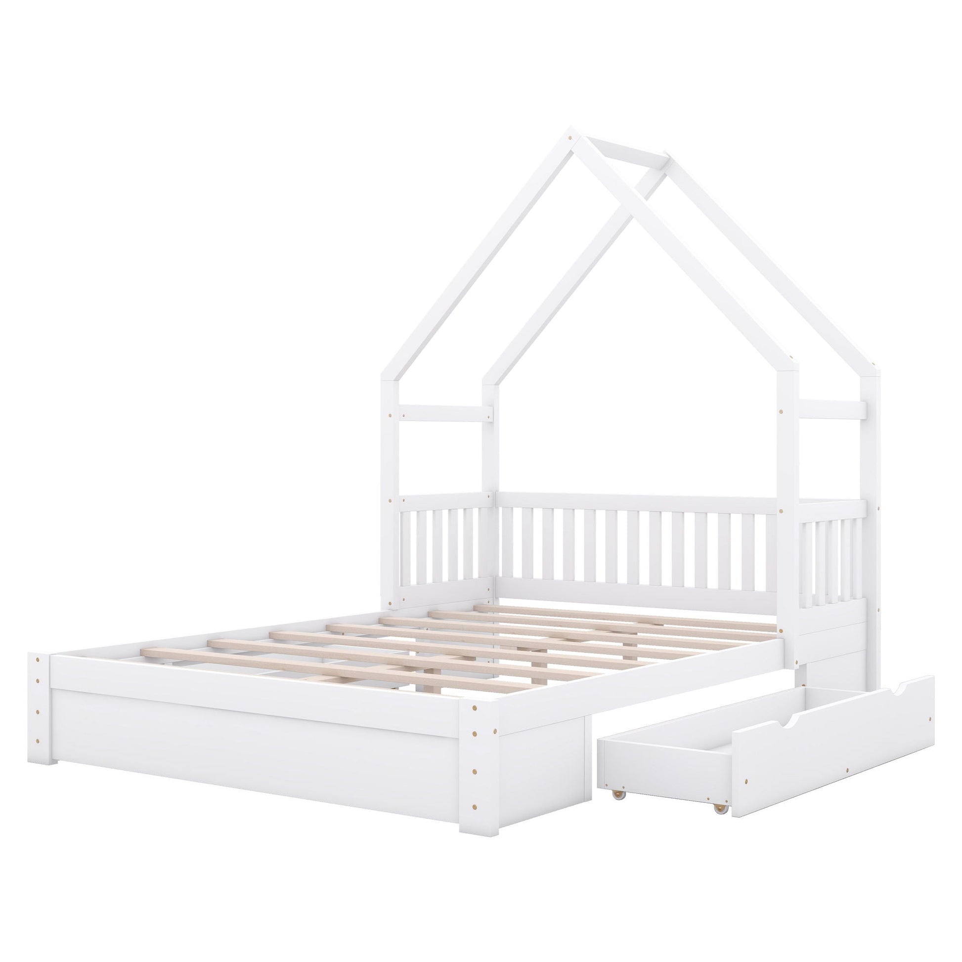 White wood House Style Platform Bed with guardrail and 2 drawers, by HouseOfZazla on Tampa Home & Garden Store