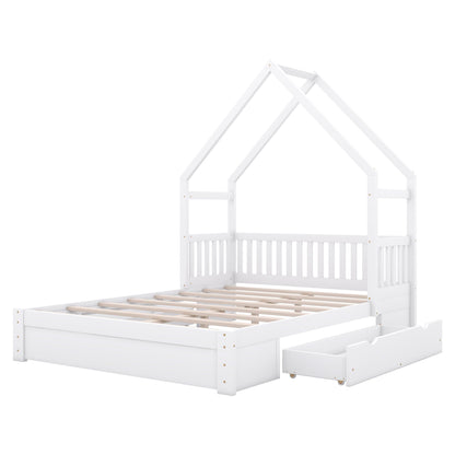 White wood House Style Platform Bed with guardrail and 2 drawers, by HouseOfZazla on Tampa Home & Garden Store