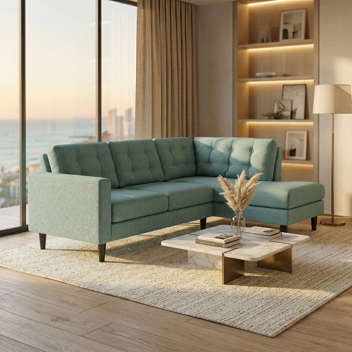 Talmadge Sectional by HouseOfZazla in teal textured fabric with tufted cushions on Tampa Home & Garden Store