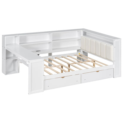 White platform bed with built-in storage shelves and drawers, open upper shelves and slatted wooden base on Tampa Home & Garden Store
