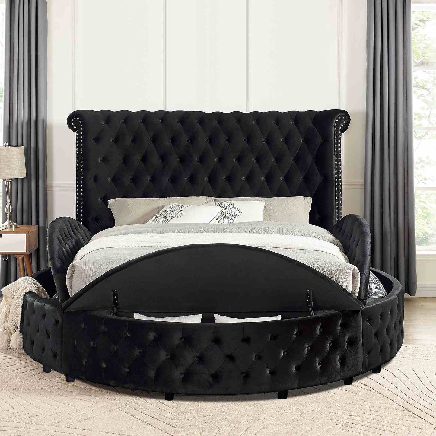 Glam Button Tufted Round Bed with Usb Storage