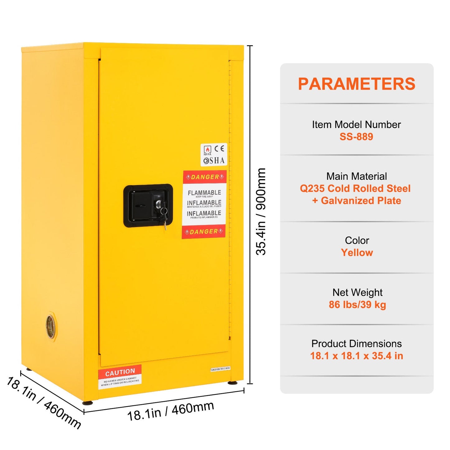 Galvanized steel flammable storage cabinet yellow with lockable door and hazard labels on Tampa Home & Garden Store