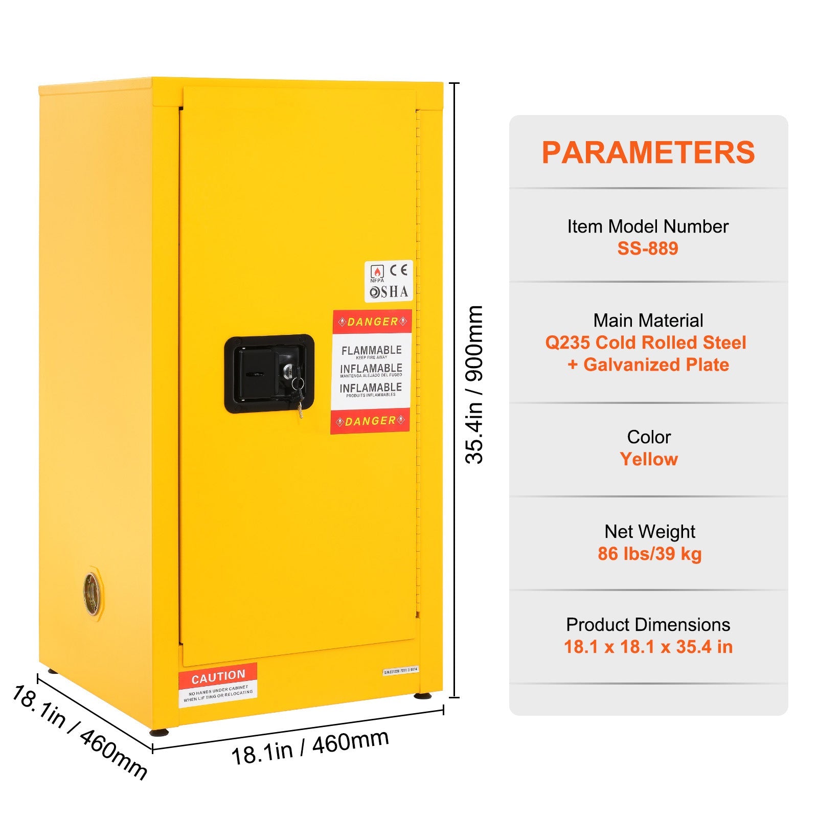 Galvanized steel flammable storage cabinet yellow with lockable door and hazard labels on Tampa Home & Garden Store