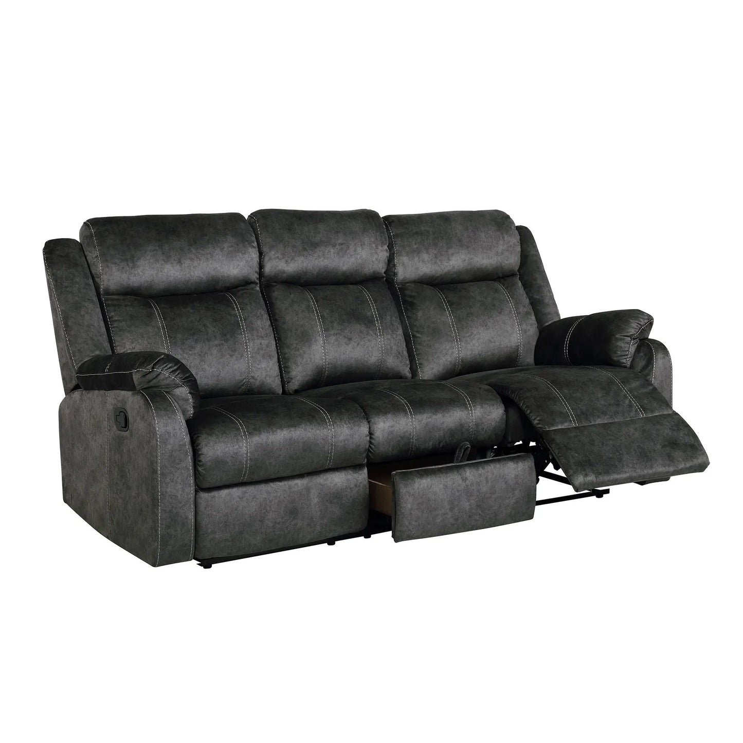 Domino reclining sofa by Unique Piece Furniture, gray upholstery with stitching and footrests on Tampa Home & Garden Store