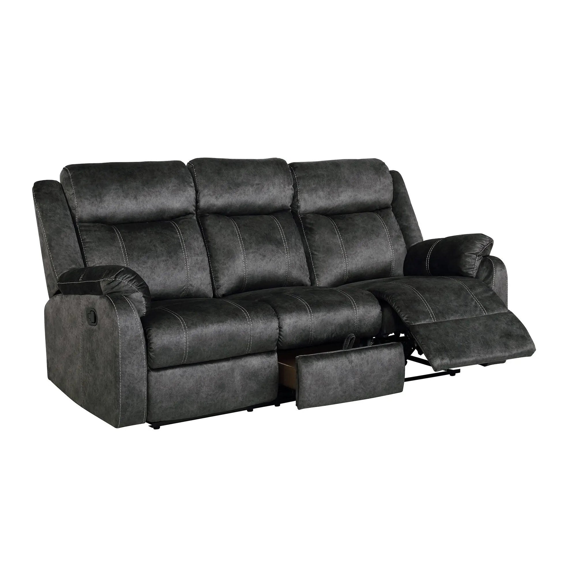 Domino reclining sofa by Unique Piece Furniture, gray upholstery with stitching and footrests on Tampa Home & Garden Store