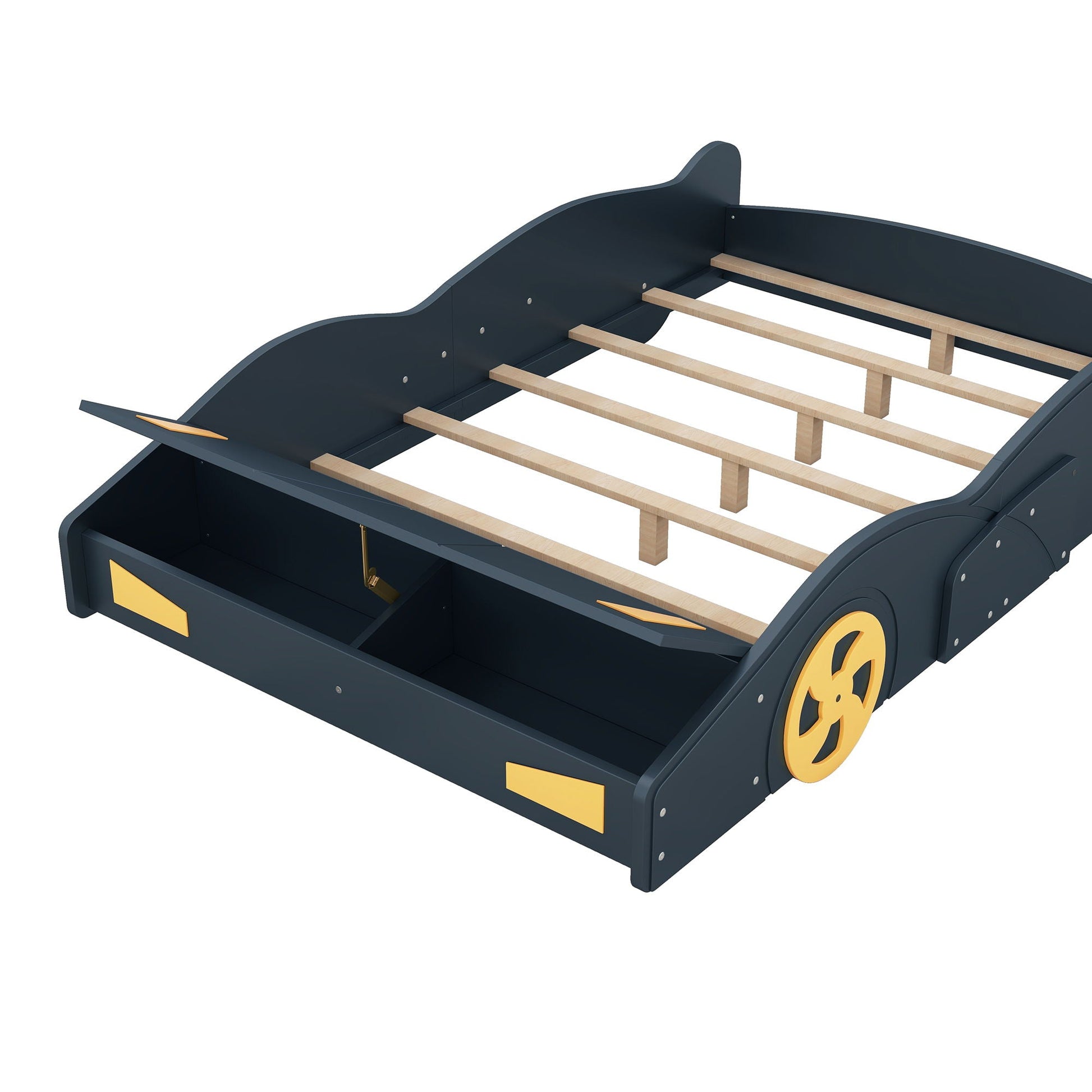 Race car shaped platform bed with wheels and storage drawer, navy blue with yellow accents on Tampa Home & Garden Store