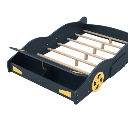 Race car shaped platform bed with wheels and storage drawer, navy blue with yellow accents on Tampa Home & Garden Store