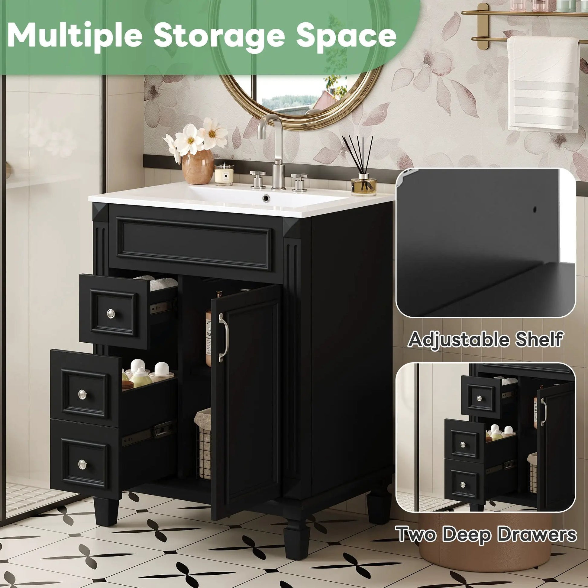 Black bathroom vanity with sink, two deep drawers and adjustable shelf on Tampa Home & Garden Store