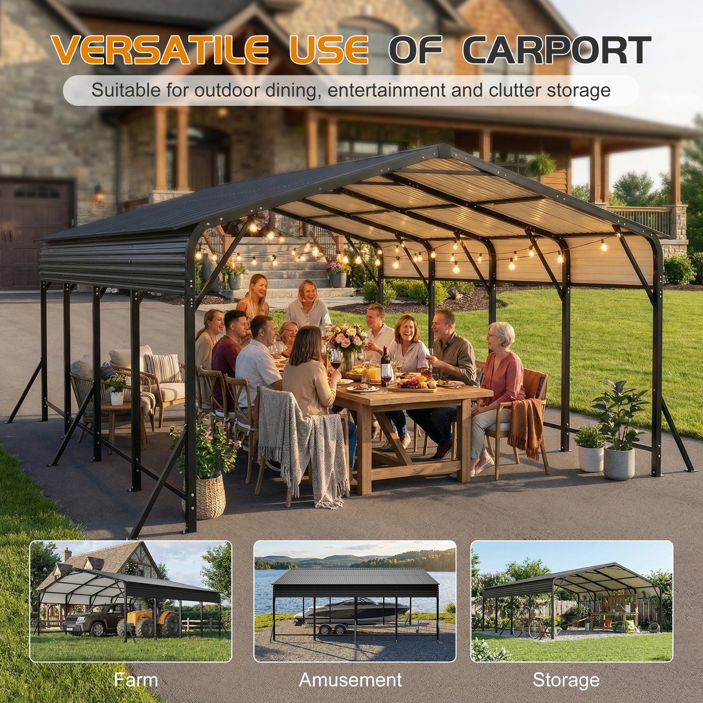 Carport canopy 20x20 galvanized steel with black frame for outdoor dining by HouseOfZazla on Tampa Home & Garden Store