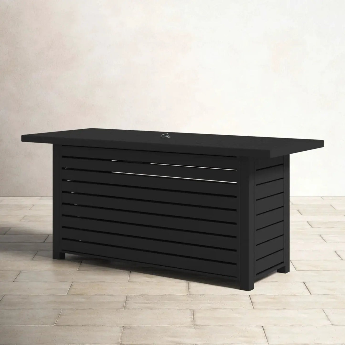 Propane outdoor fire pit table in black with lid and slatted panel design on Tampa Home & Garden Store