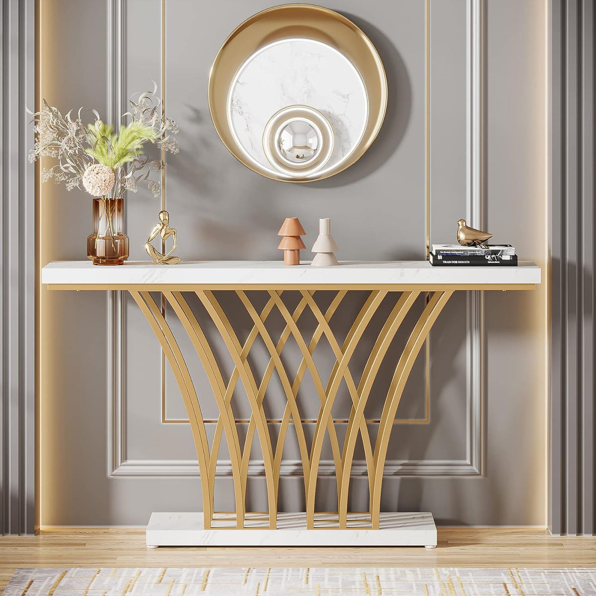 White and gold console table with faux marble top and crisscross lattice base by HouseOfZazla on Tampa Home & Garden Store