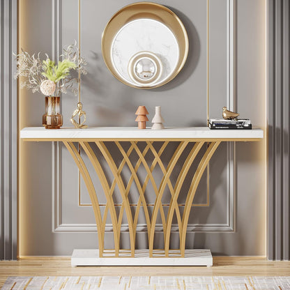 White and gold console table with faux marble top and crisscross lattice base by HouseOfZazla on Tampa Home & Garden Store