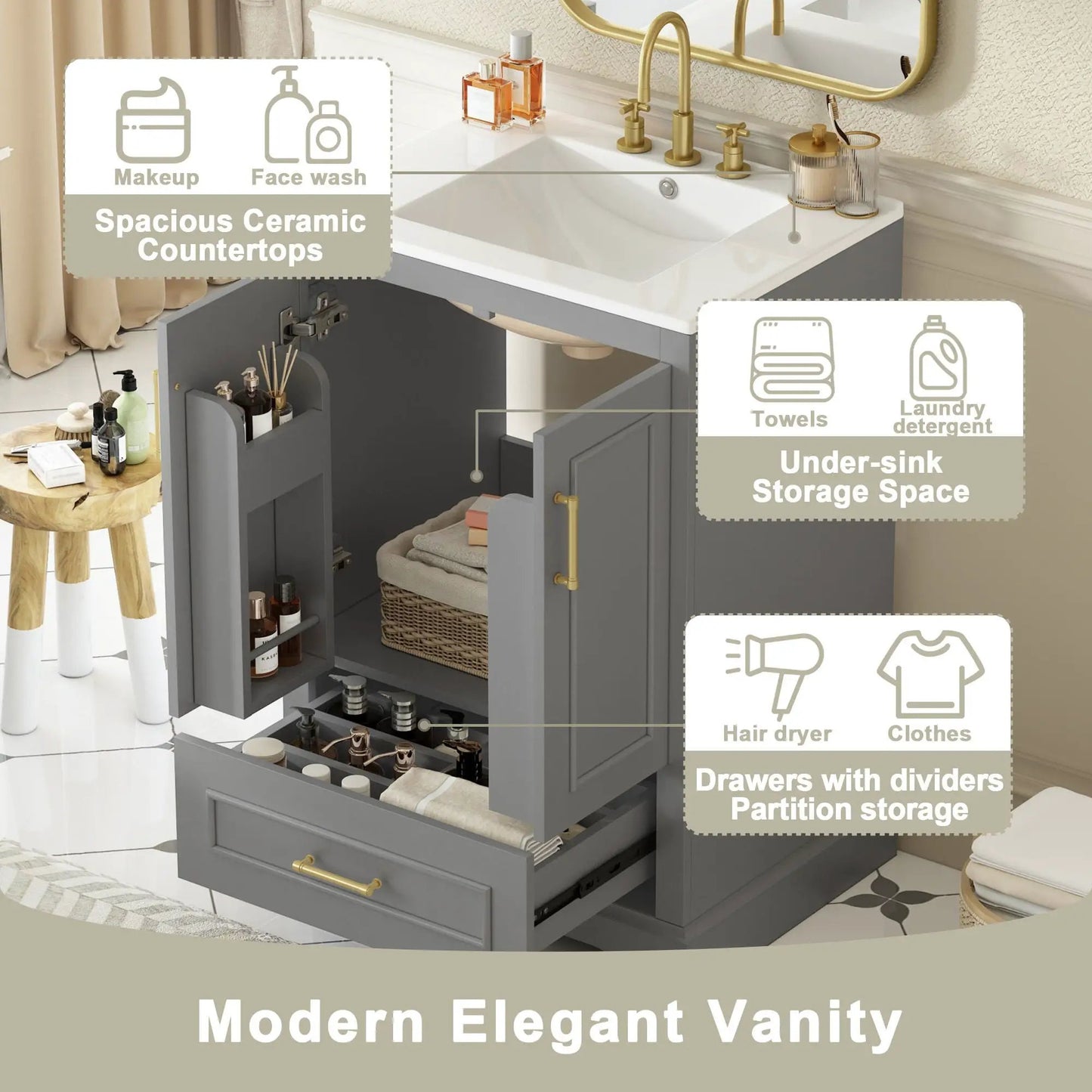 Bathroom vanity with sink, dark gray cabinet, brass, 2 soft-close doors, 1 divided drawer on Tampa Home & Garden Store