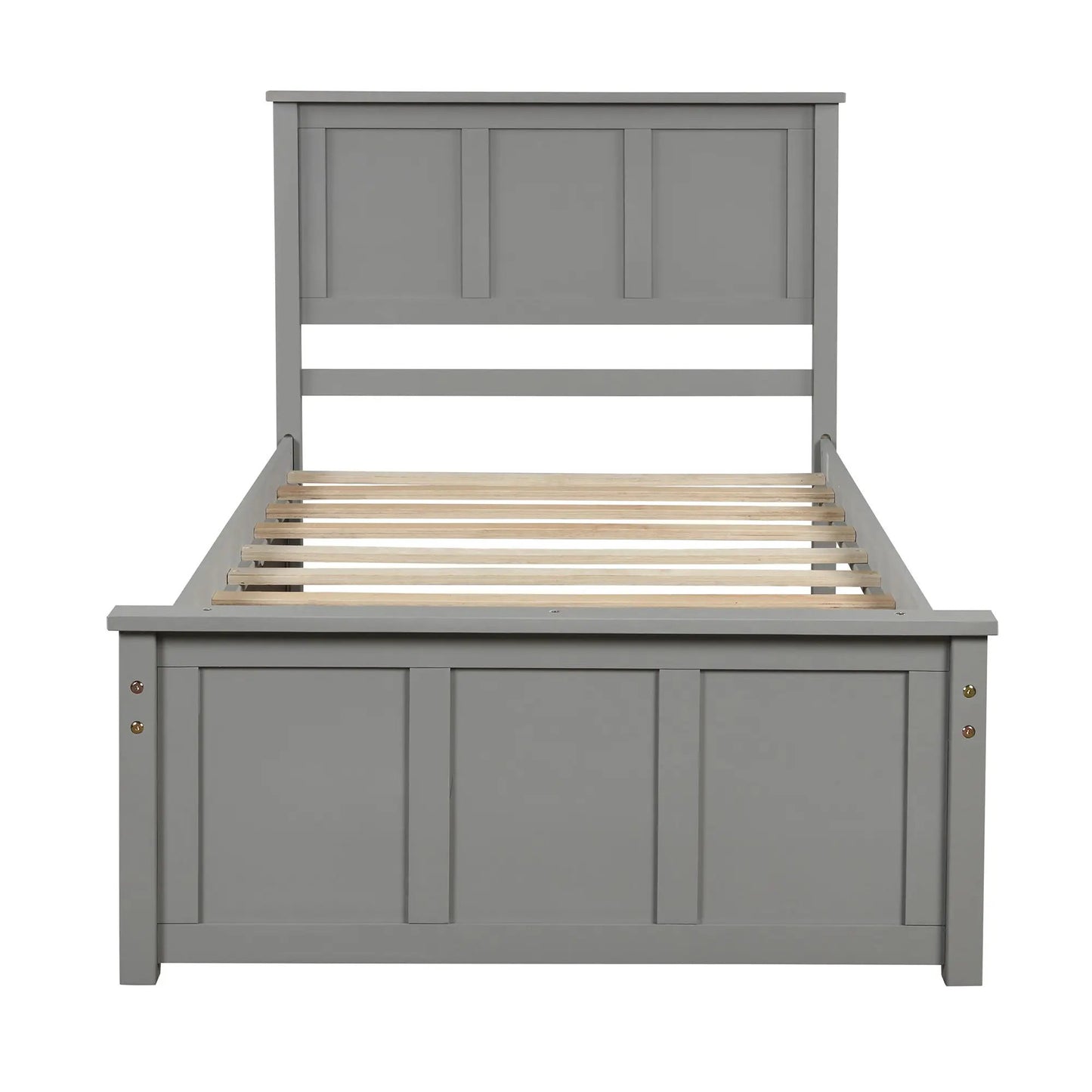 Platform storage bed in gray with paneled headboard and visible wooden slats on Tampa Home & Garden Store