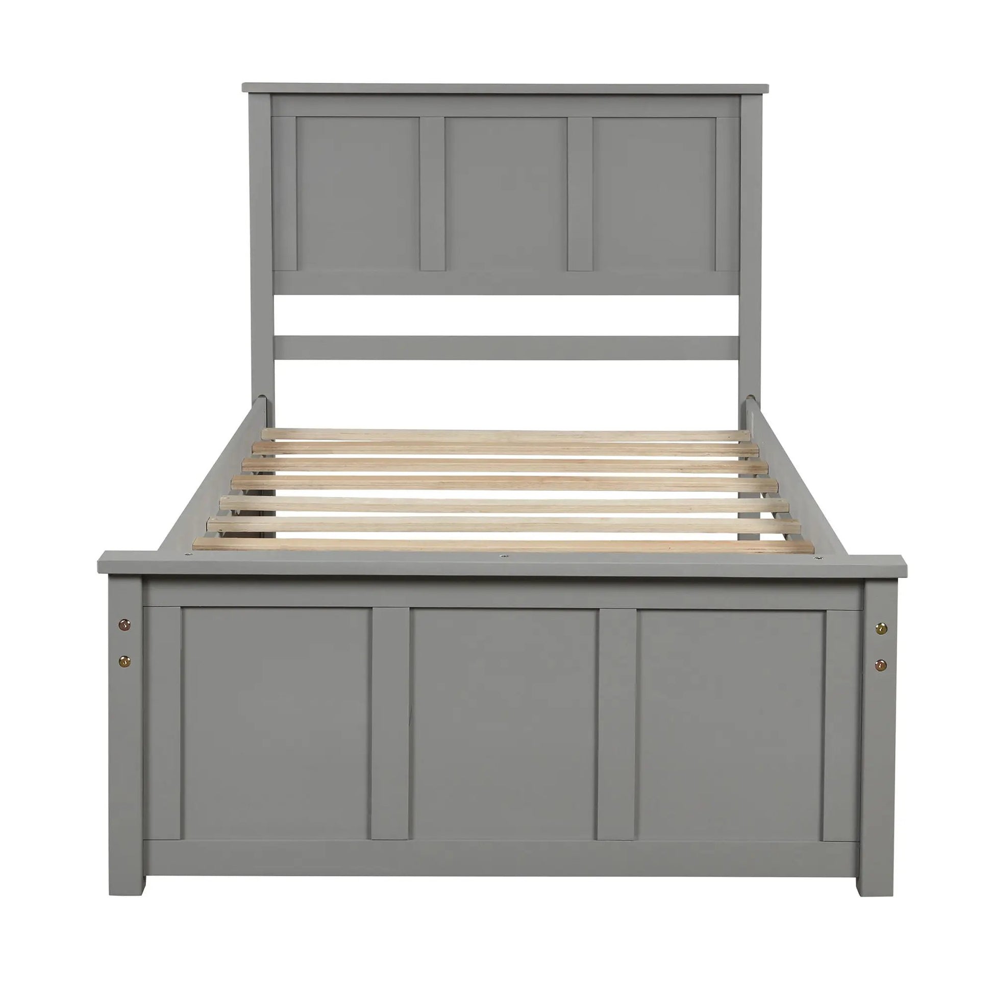 Platform storage bed in gray with paneled headboard and visible wooden slats on Tampa Home & Garden Store