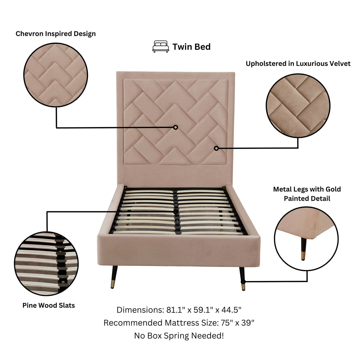 Crosby Upholstered Bed with Slats, blush velvet, chevron tufted pattern, pine slats, Garden on Tampa Home & Garden Store