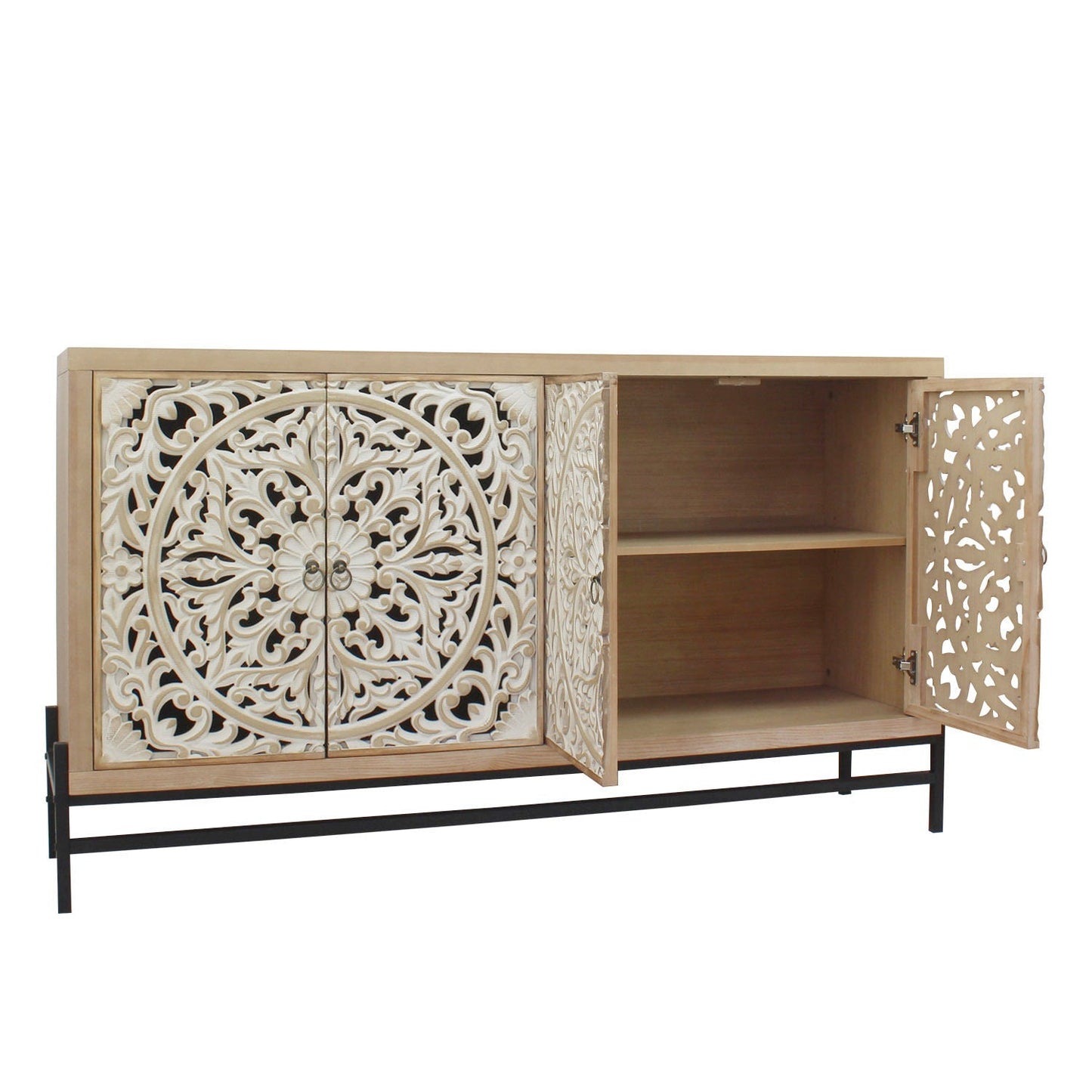 4-door wood cabinet with vintage carved circular panels and metal base by HouseOfZazla on Tampa Home & Garden Store