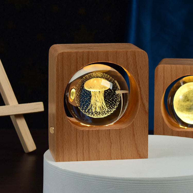 Crystal ball night light with 3D jellyfish in beech wood base USB dimmable lamp set of 2 on Tampa Home & Garden Store