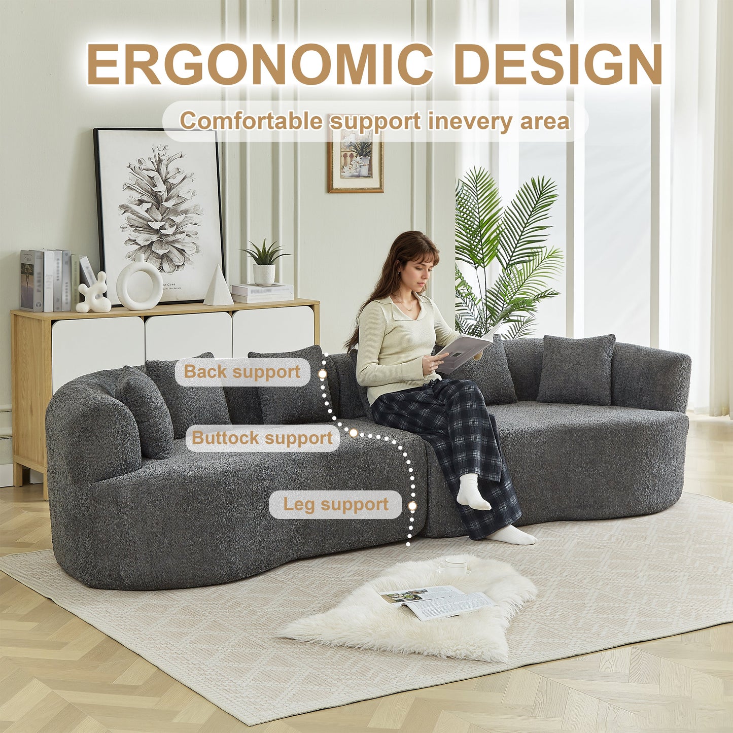 Curved Sectional Sofa by HouseOfZazla, oversized dark gray fabric, modern design on Tampa Home & Garden Store