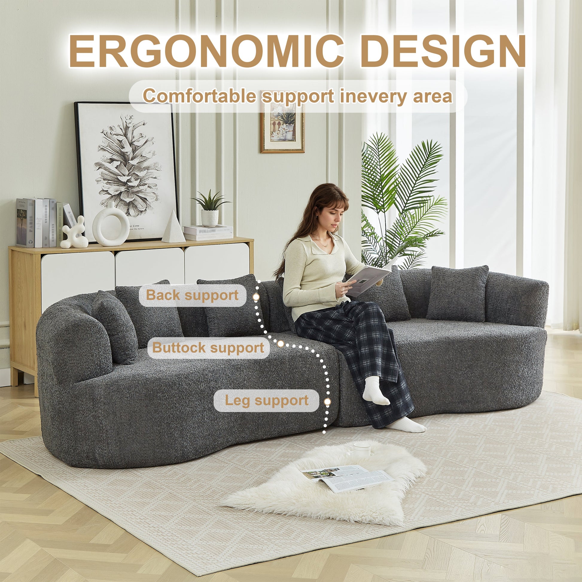 Curved Sectional Sofa by HouseOfZazla, oversized dark gray fabric, modern design on Tampa Home & Garden Store