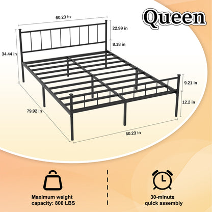 Queen size metal bed frame with headboard and footboard, black, slatted base, HouseOfZazla on Tampa Home & Garden Store