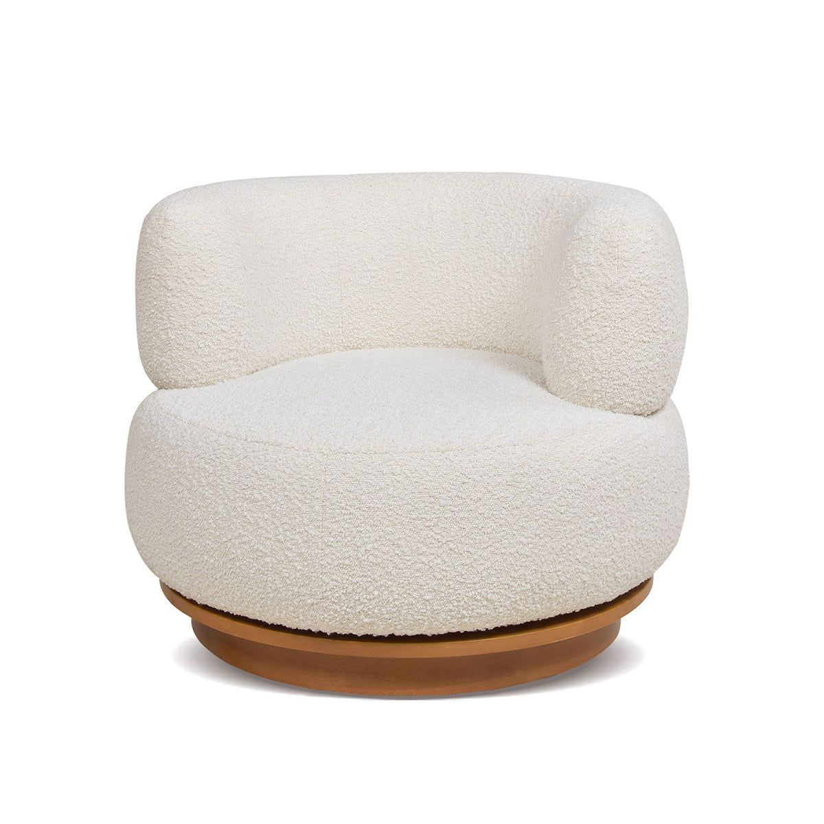 Ivory 360-degree Swivel Low Barrel Back Accent Chair in boucle fabric with wood base on Tampa Home & Garden Store