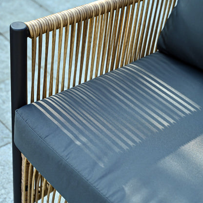 Outdoor PE wicker 2-seater sofa with grey cushions and dark metal frame on Tampa Home & Garden Store