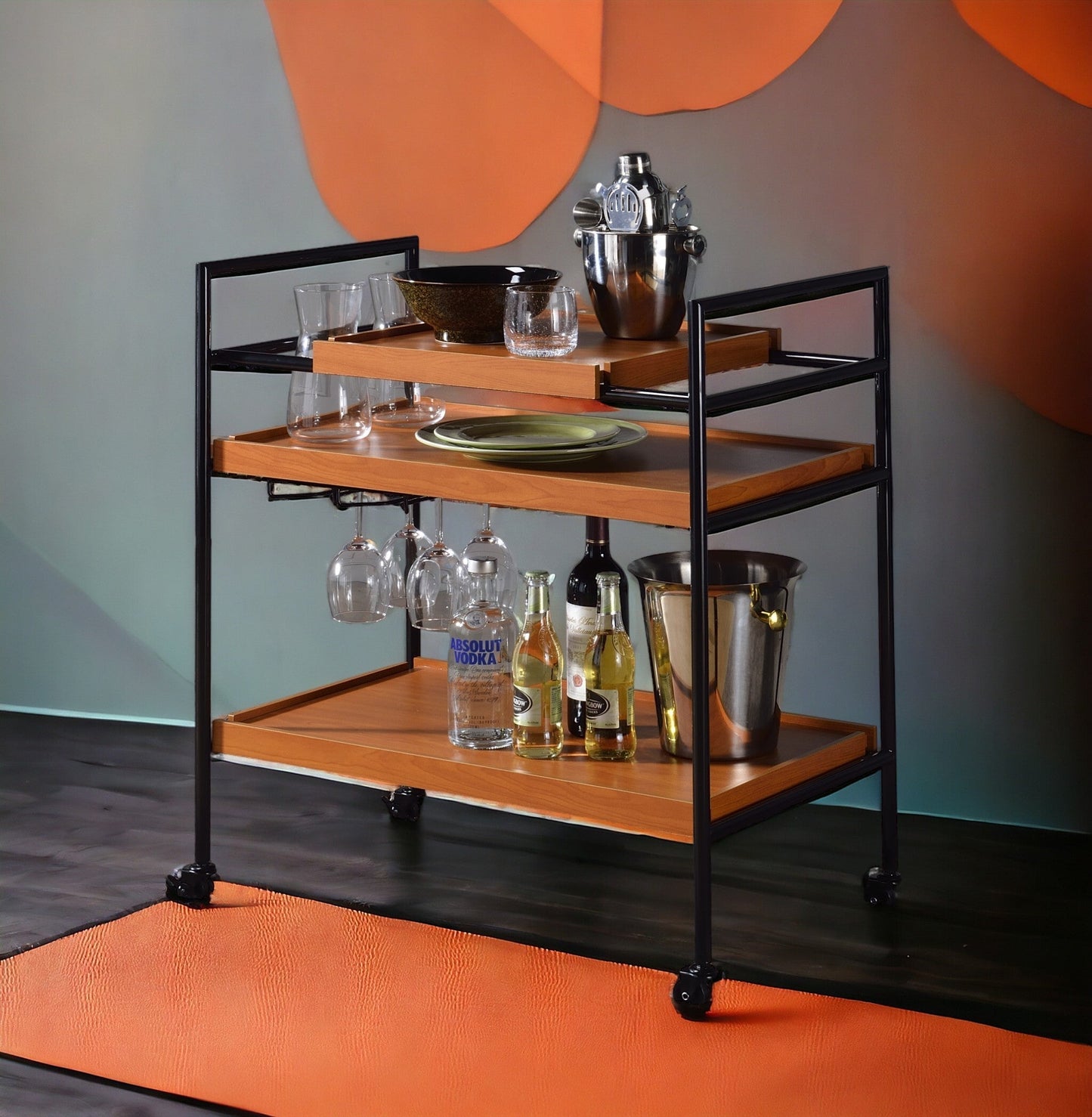 Oaken Honey Oak & Black Finish Serving Cart with shelves and metal frame, glassware and bottles on Tampa Home & Garden Store
