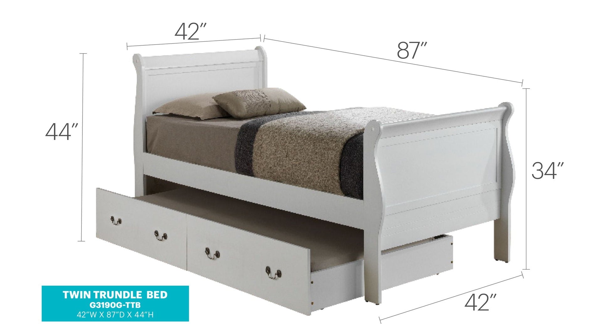 Twin trundle bed in white with curved headboard, under-bed storage drawers, HouseOfZazla on Tampa Home & Garden Store