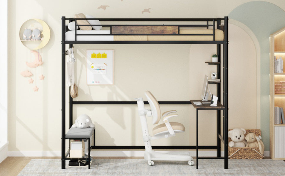 Twin size loft bed frame with storage and built-in desk, black metal on Tampa Home & Garden Store