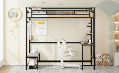 Twin size loft bed frame with storage and built-in desk, black metal on Tampa Home & Garden Store