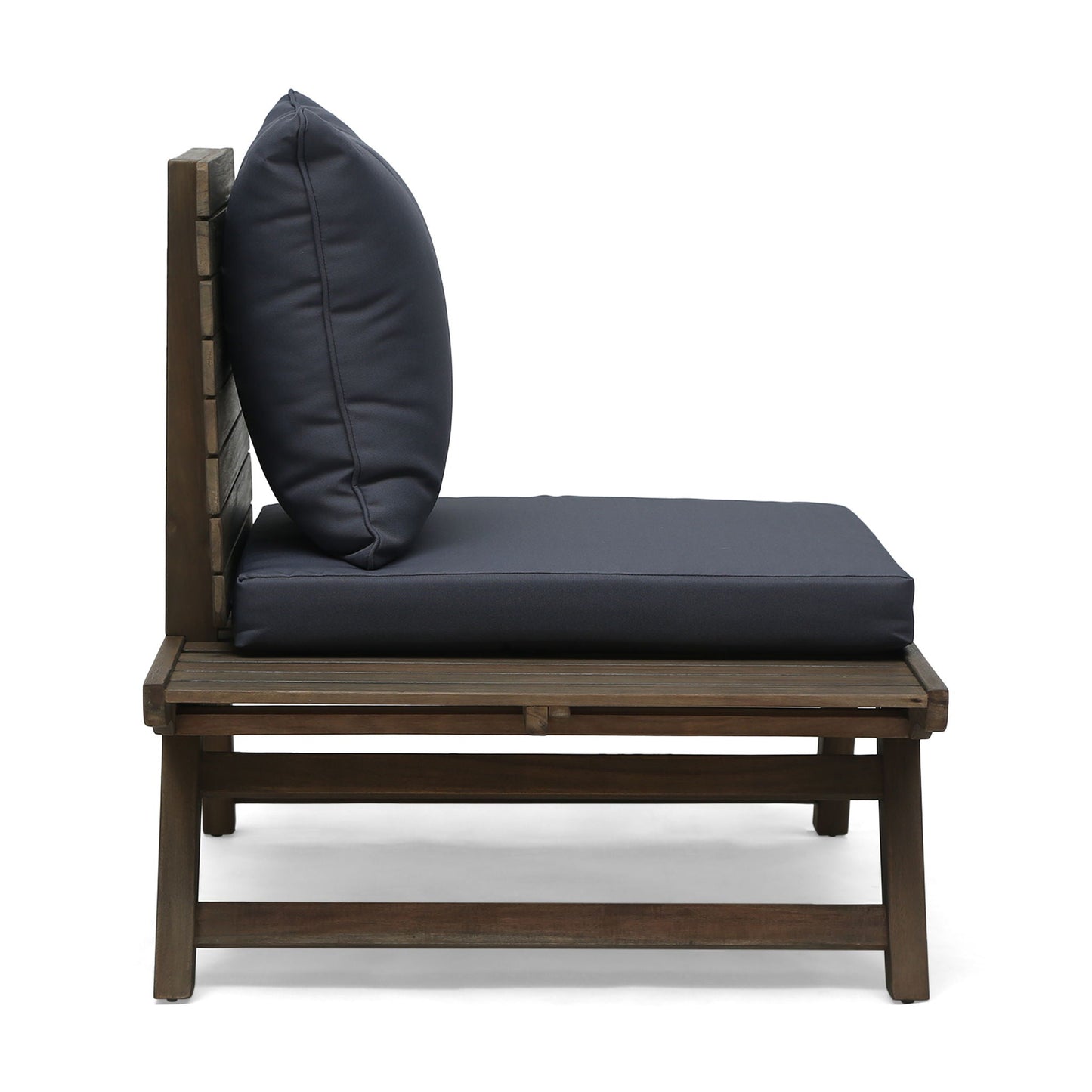 Sedona Outdoor Club Chair with Slatted Design, armless outdoor chair in dark navy cushions on Tampa Home & Garden Store