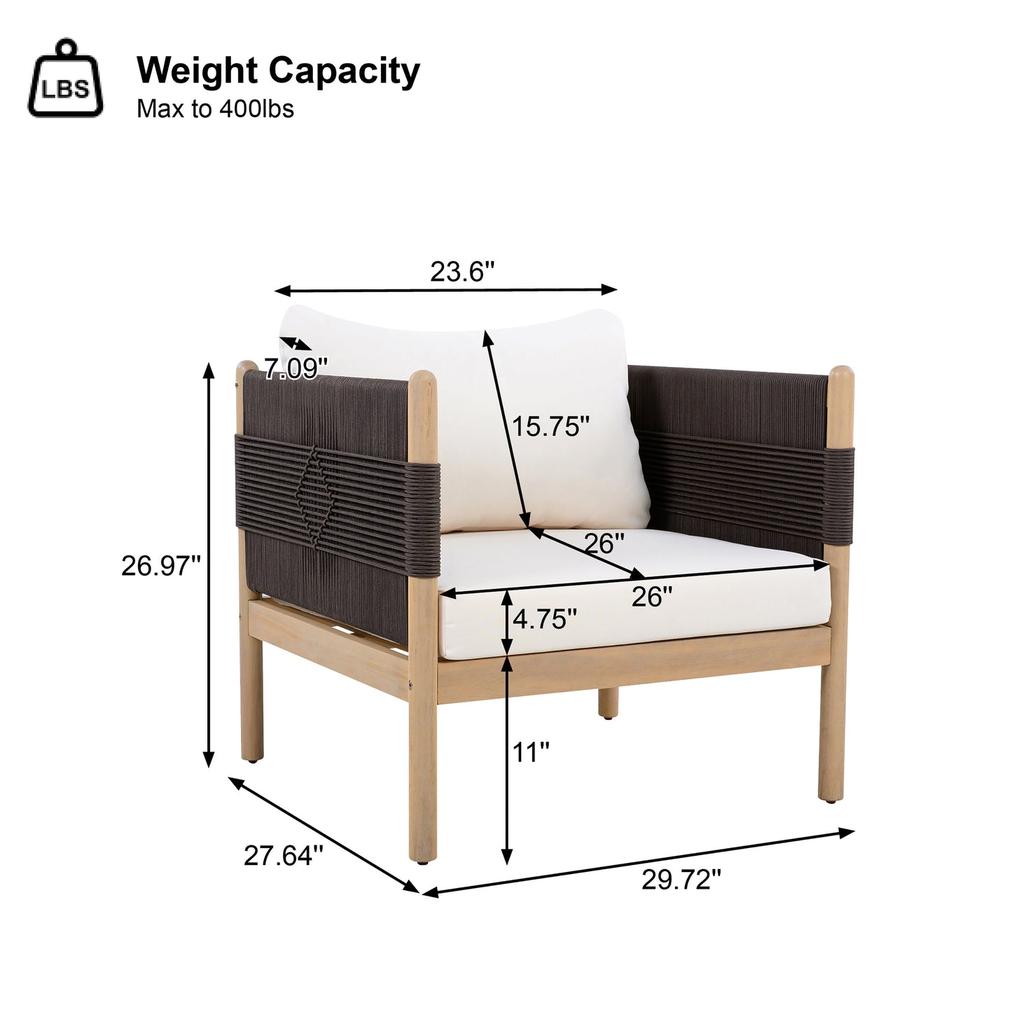 Outdoor Acacia Club Chairs 2 with diamond-pattern black rope and light teak by HouseOfZazla on Tampa Home & Garden Store