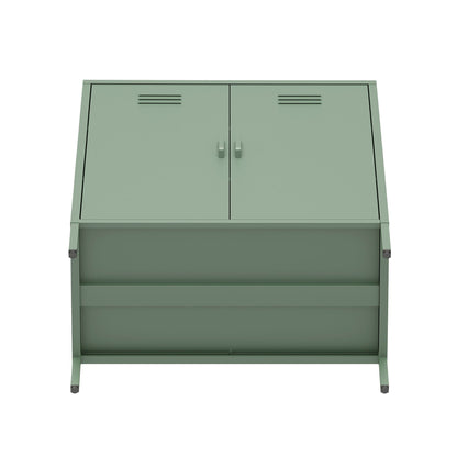 Accent cabinet in green steel finish with two vented doors and metal handles on Tampa Home & Garden Store