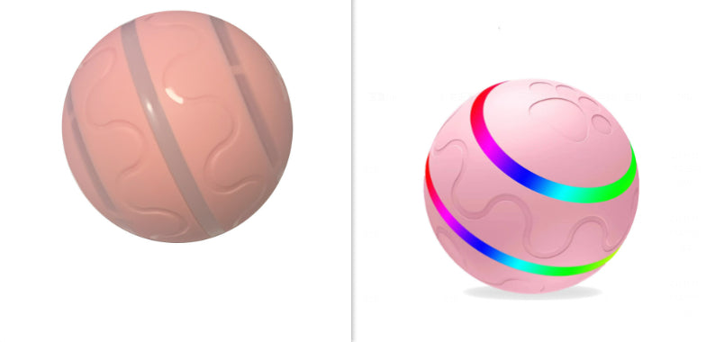 Pink Wicked Ball cat toy shown in two views, plain pink and rainbow LED ring on Tampa Home & Garden Store