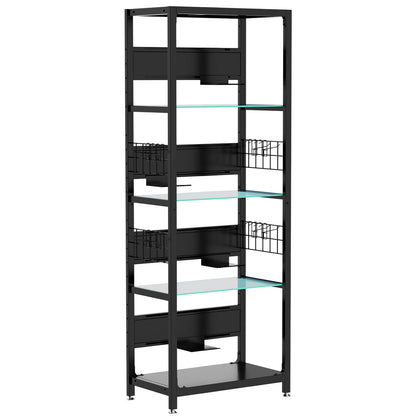 Black 4-tier display cabinet with rgb lighting, glass shelves and storage baskets by HouseOfZazla on Tampa Home & Garden Store
