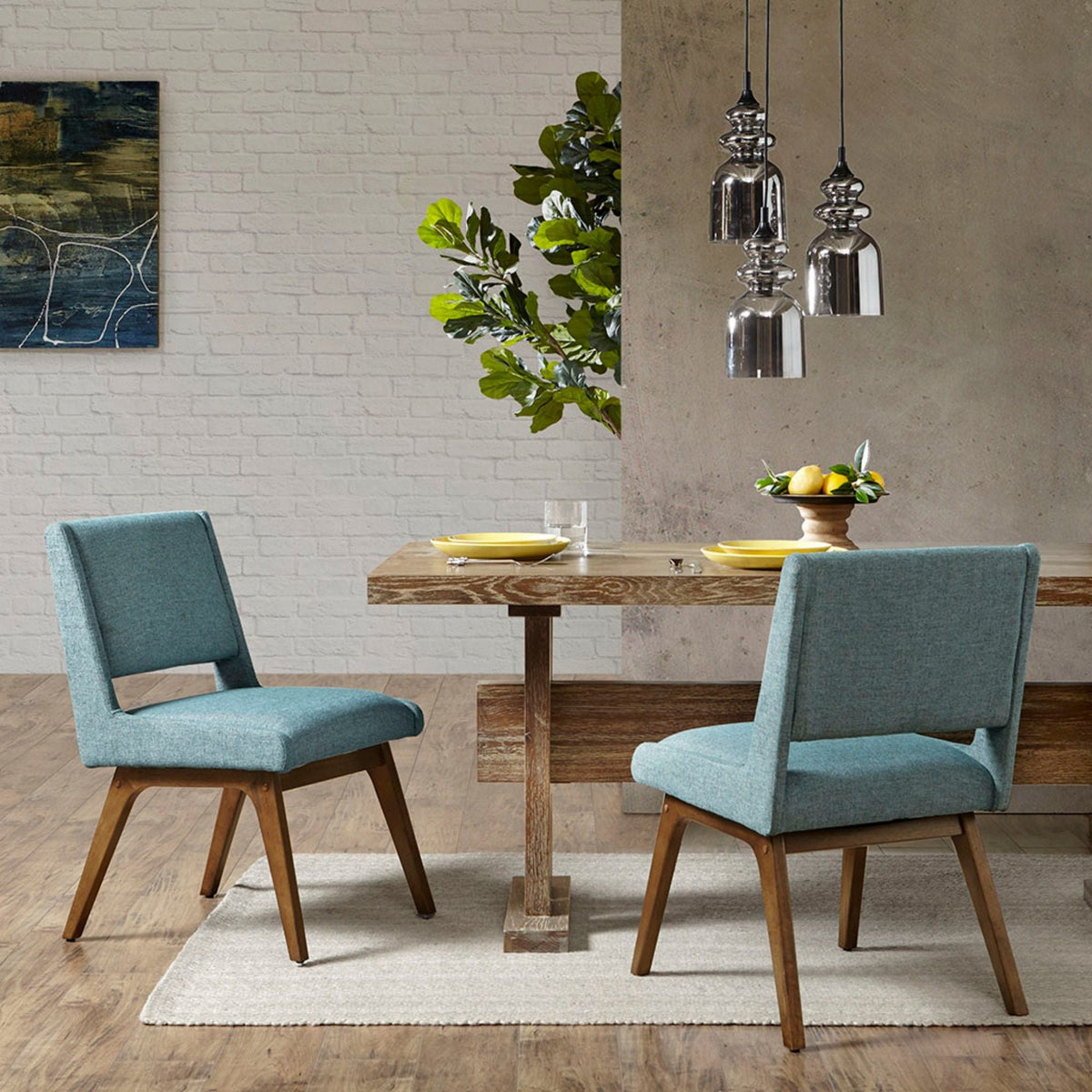 Blue upholstered dining chairs with retro design, set of 2, wooden legs on Tampa Home & Garden Store