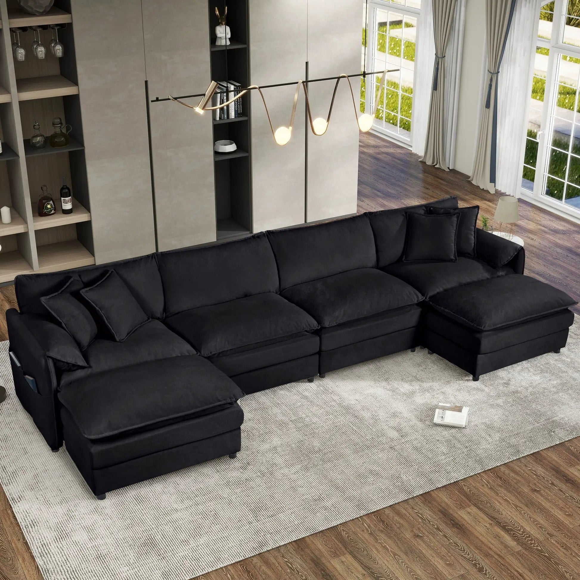 Modern Comfy Deep-Seat Modular Sectional Sofa Cloud Couch With Ottoman in black fabric on Tampa Home & Garden Store
