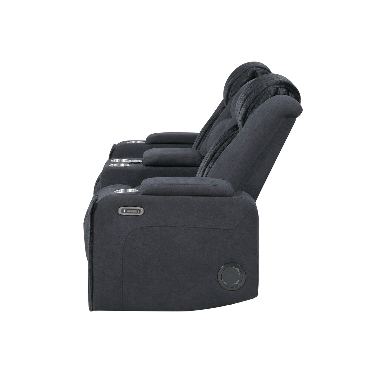 Power reclining loveseats, 3 dark gray fabric seats with cup holders and side controls on Tampa Home & Garden Store