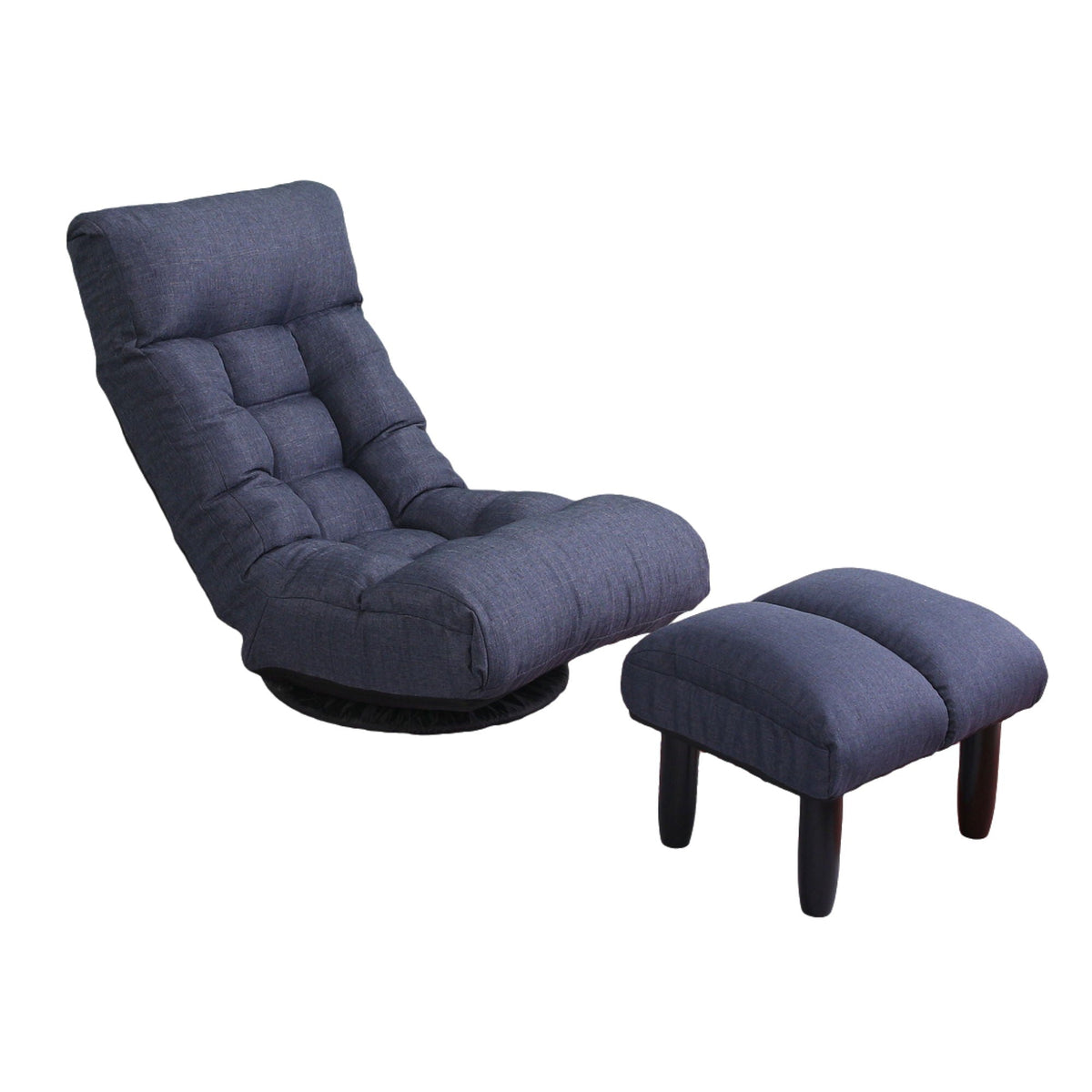 Reclining chair and ottoman by HouseOfZazla in blue textured fabric with cushioned panels on dark legs on Tampa Home & Garden Store