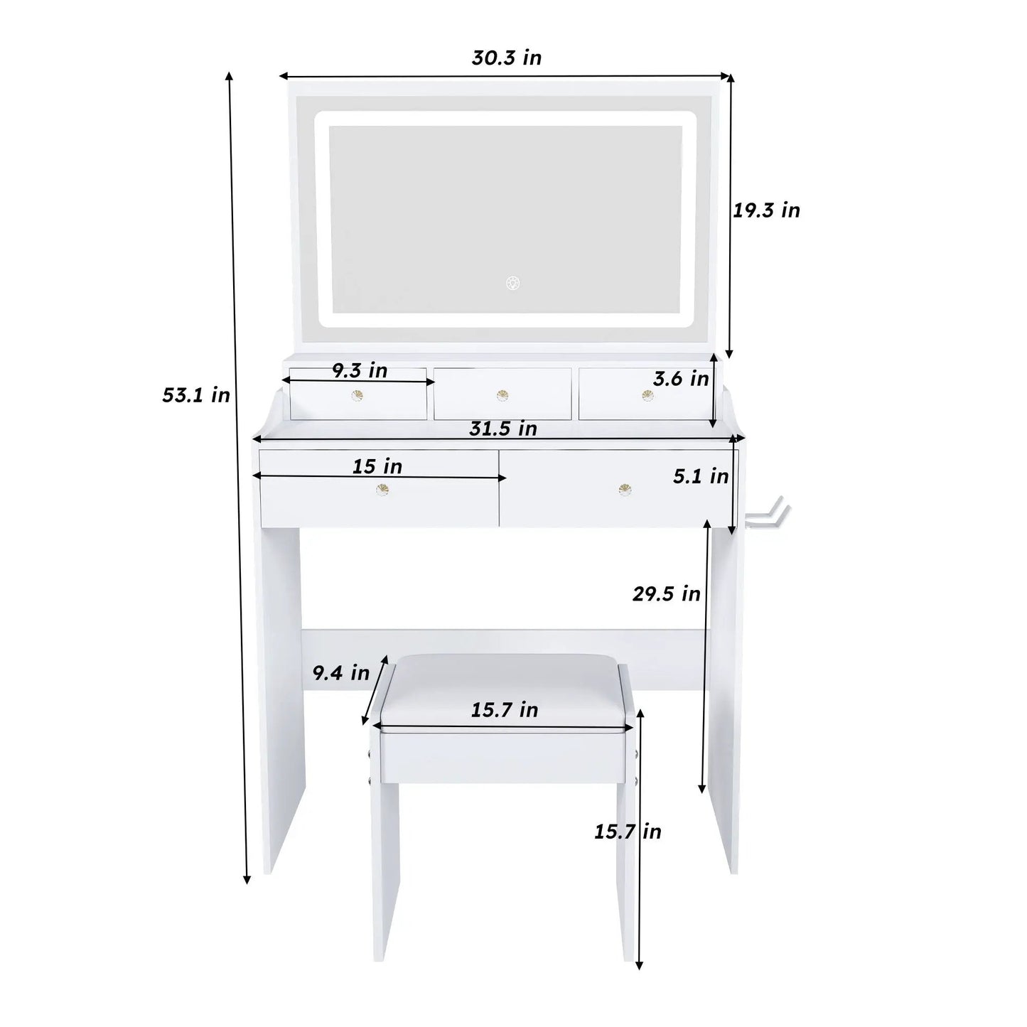 Modern makeup vanity set in white with large mirror and drawers, power outlet on Tampa Home & Garden Store